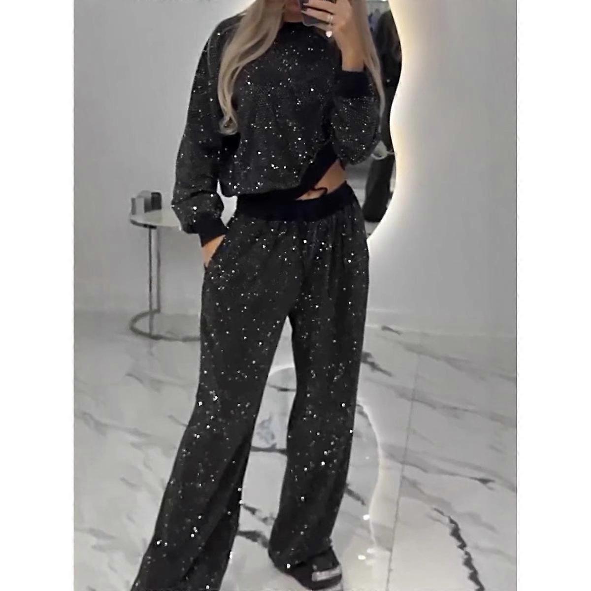 Women's set Sequined Long Sleeve Round Neck Loose Top Drawstring Straight Pants Two Piece Set