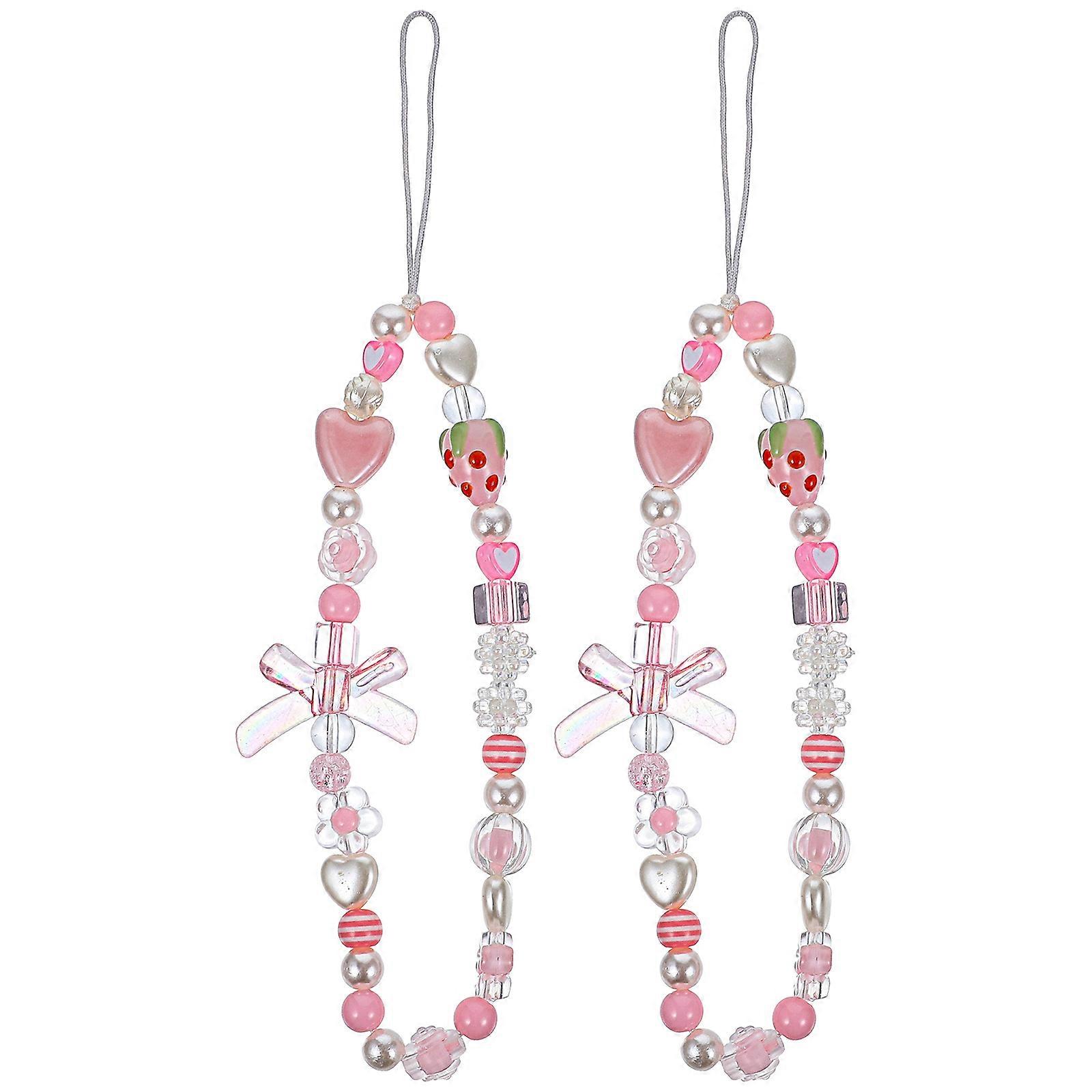 2pcs Beaded Resin Lanyards for Phone Decoration Pink Wrist Chain Charm Rope Stylish