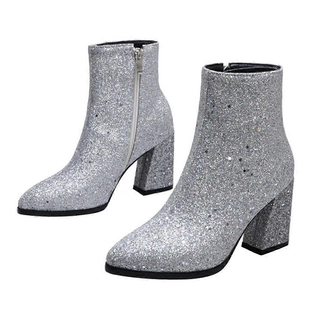 Stylish Sequins Design Ankle Boots In Silver Featuring Pointed Toe High Heel And Side Zipper For Daily Wear 1 Pair