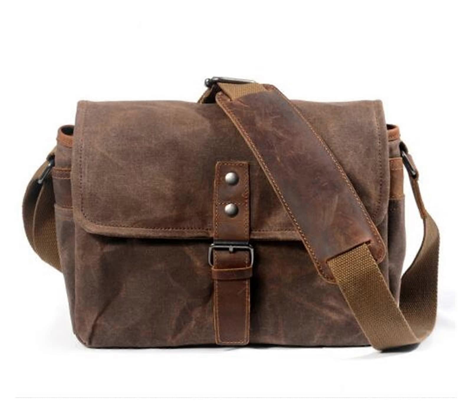 Retro Camera Bag Waterproof Photography Package for DSLR, Shoulder Sling Case for Nikon Sony, Canvas Messenger in Coffee Color