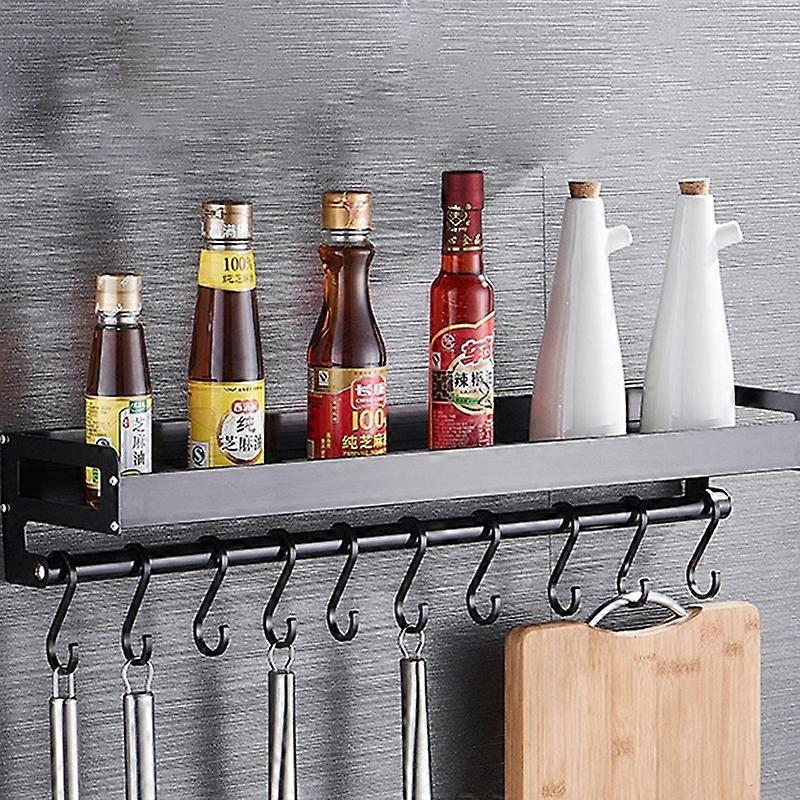 60cm 10 Hooks Kitchen Multi-function Wall Hanging Holder Seasoning Storage Rack (Black)
