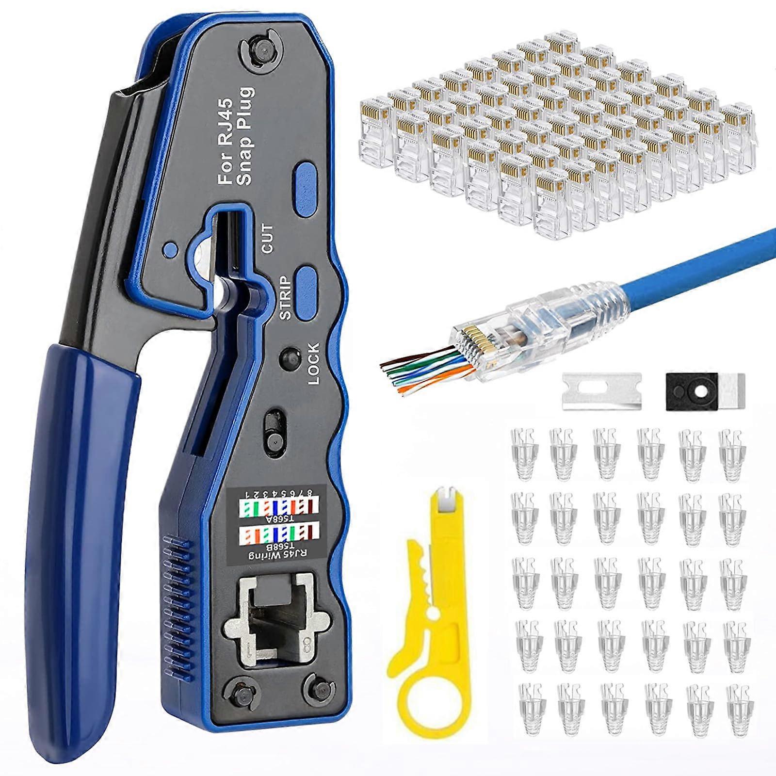RJ45 Crimping Tool Pass Through Kit For Cat6 Cat5 Cat5e Connectors Cutter Stripper 50Pcs Pass Through Connectors 30 Covers