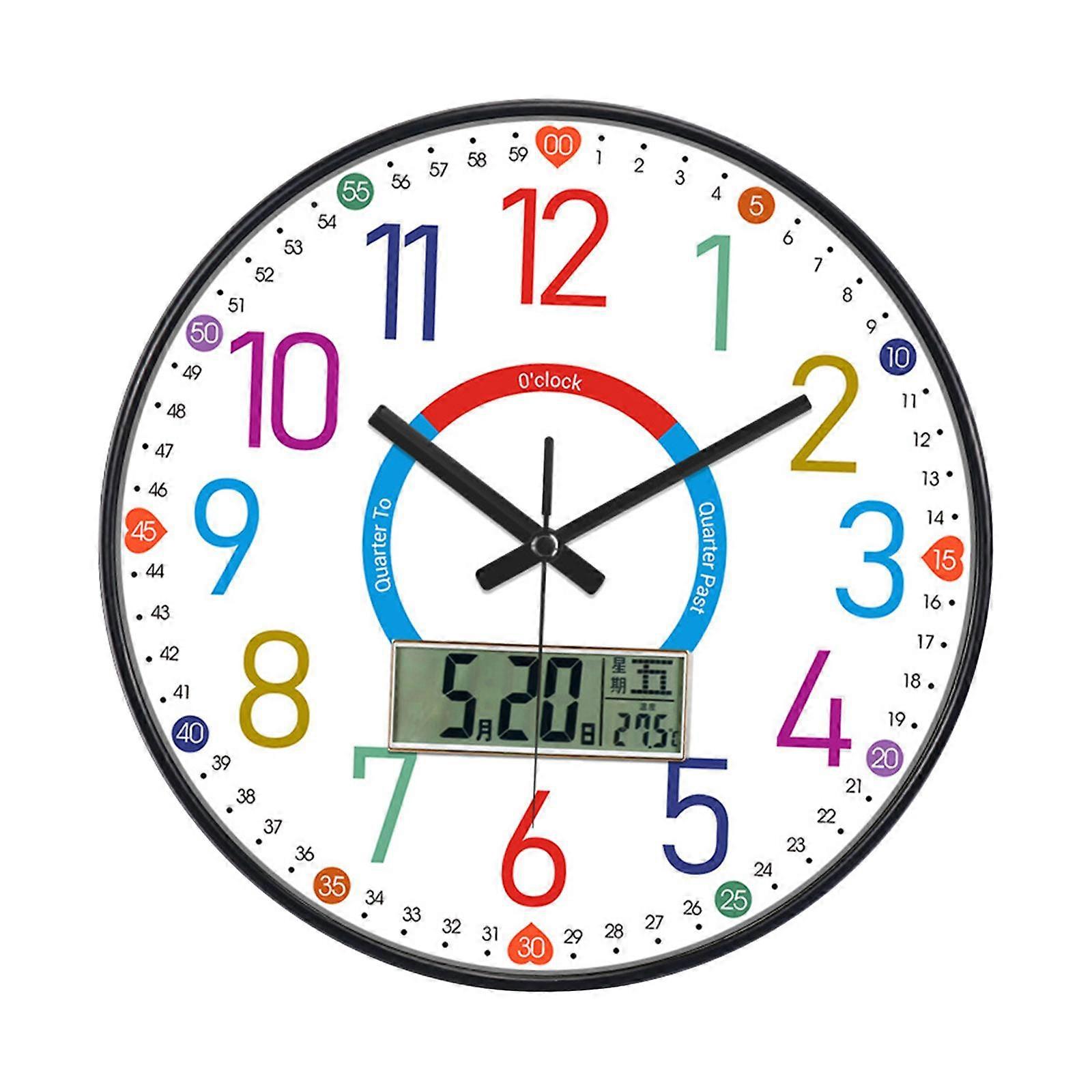Wall Clock for Kids 12" Non Ticking Multi Colored Learning Clock for Kids Silent