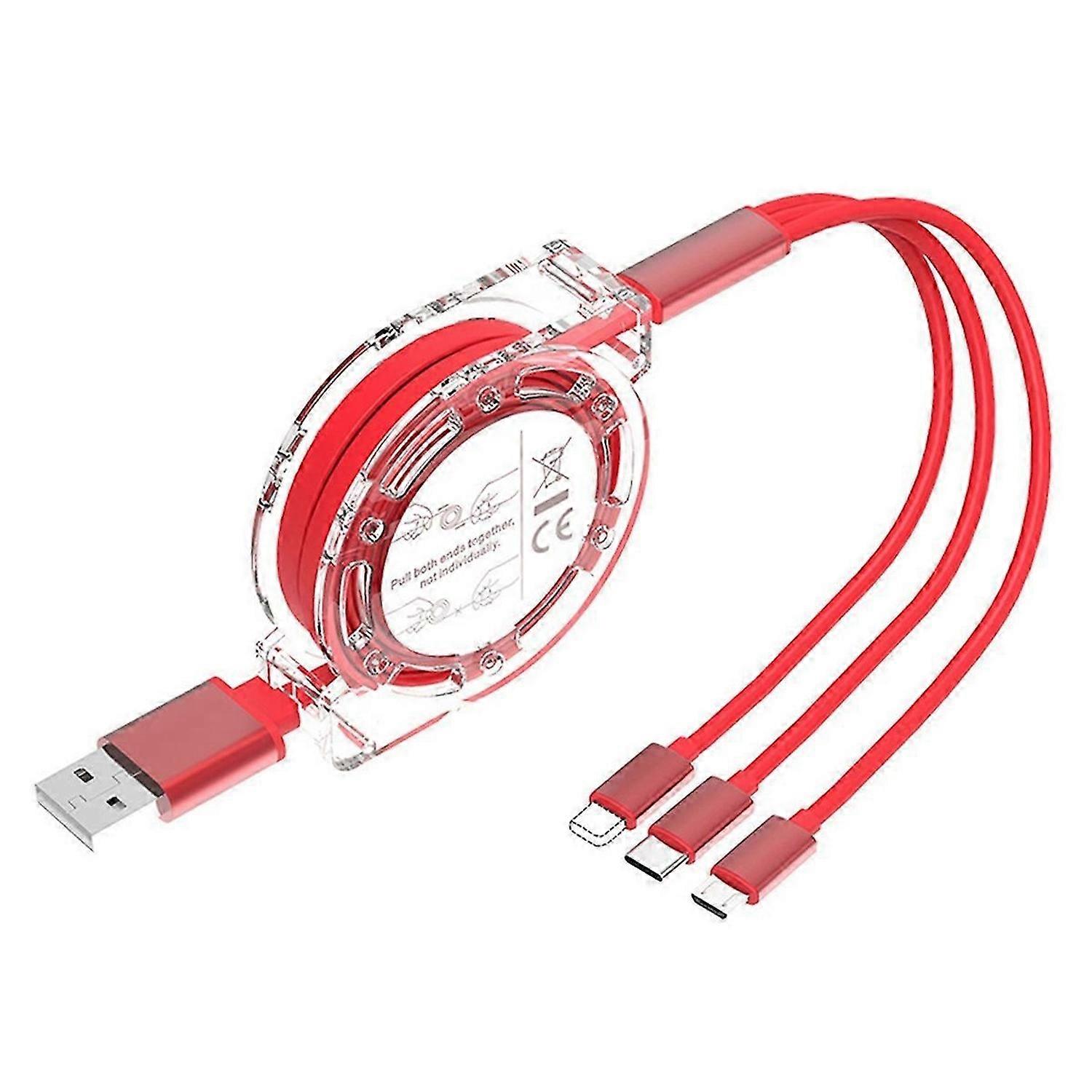 Retractable Charging Cable 0.9m 3in1 Charger Cord Adapter Connector with Type C&Micro-USB Connectors
