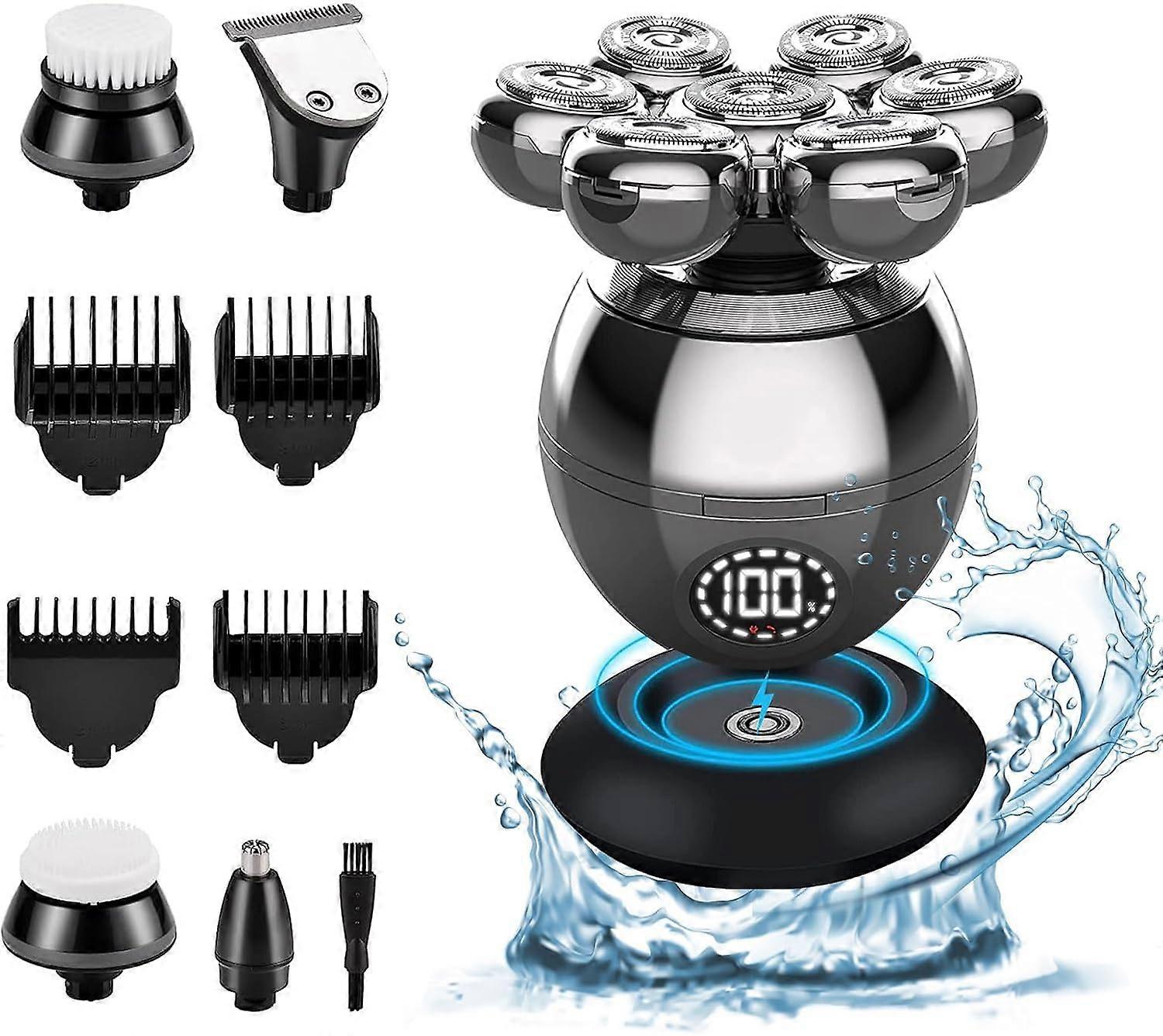 Bald Head Shaver 5 In 1 Waterproof IPX7 Shaver With 7 Rotating Heads Battery Display TypeC Charging Nose Ears Body Face