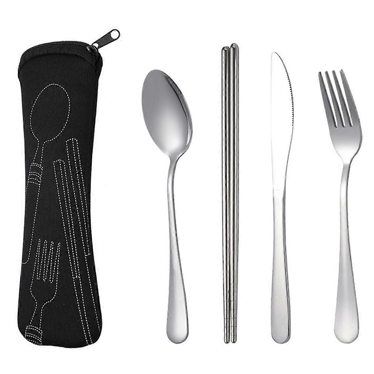 4Pcs Set Dinnerware Portable Spoon Fork Steak Knife Set Black