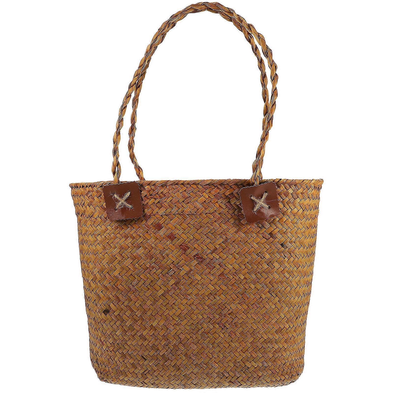 Round Handle Handheld Woven Basket for Vegetable Storage and Kitchen Use in Coffee Color with Natural Aesthetic 1Pack