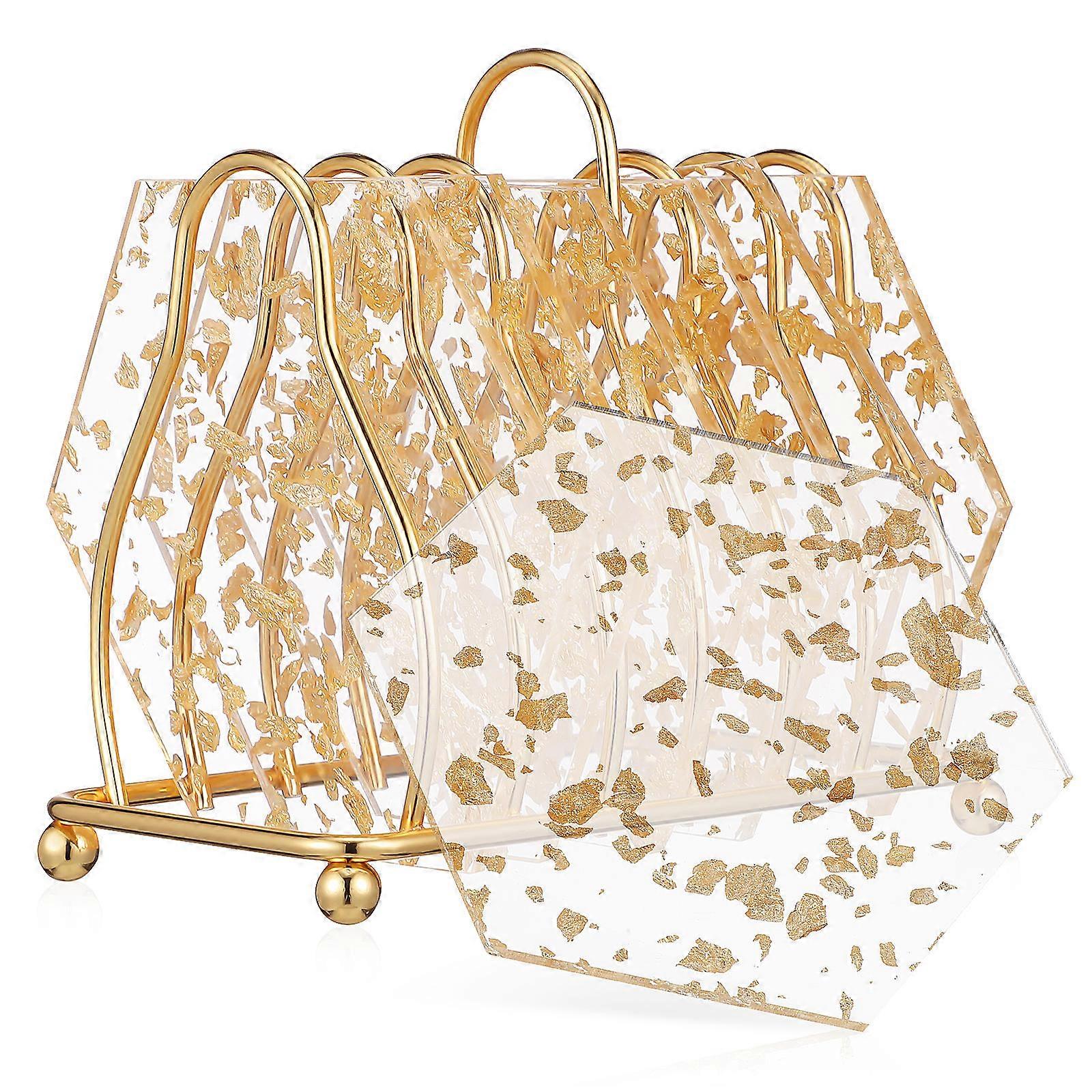 Coffee Table Acrylic Coaster Set with Holder for Drinks 18Pcs Golden