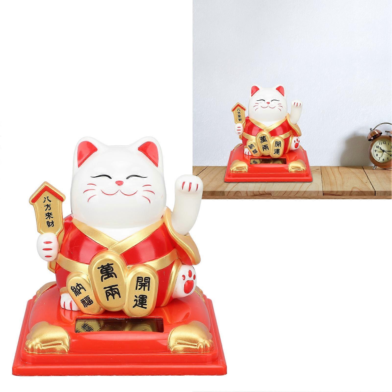 Solar Waving Cat Vivid Lovely Auto Waving Arm Fortune Cat Statue for Car Dashboard Window Decoration 3.15in Red 