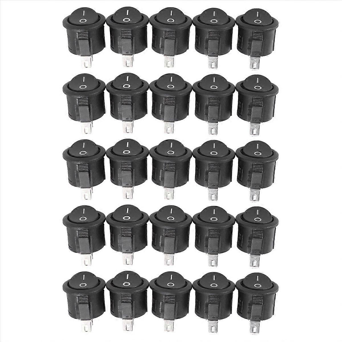 25 Pcs SPST Black Button On/Off Round Rocker Switch AC 6A/125V 3A/250V