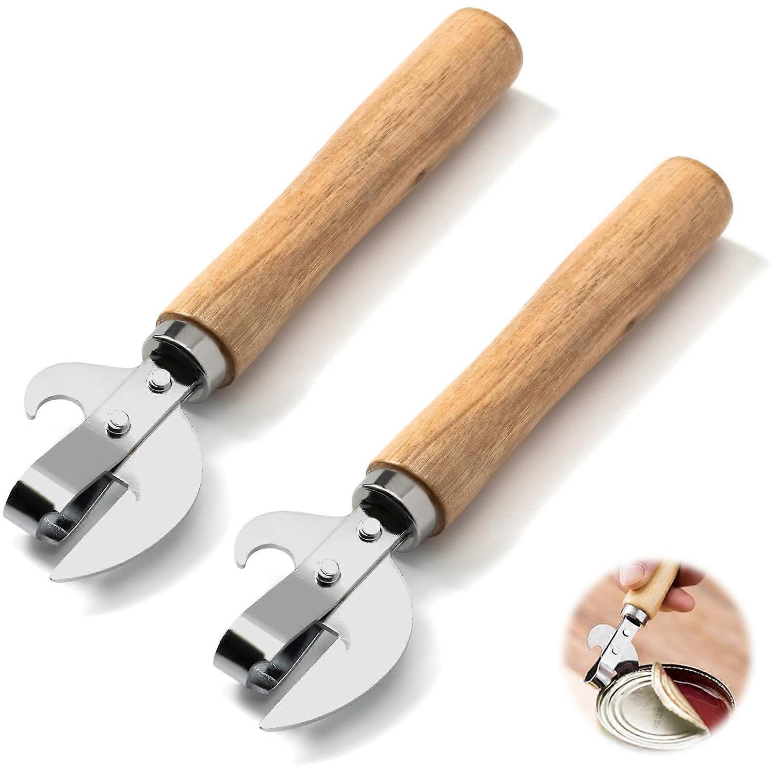 Manual Can Opener with Ergonomic Wooden Handle, Stainless Steel Side Cut for Safe Smooth Edges