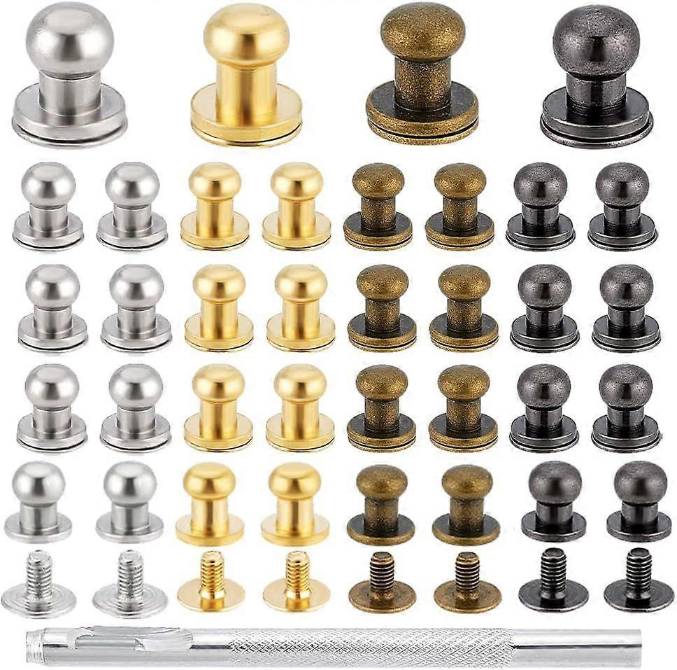 64 Sets Ball Head Stud Rivets Screw Back 8mm Round Head Button Stud 4 Colors Brass Leather Studs and Rivets for DIY Leather Craft Belt Wallet Purse Ha