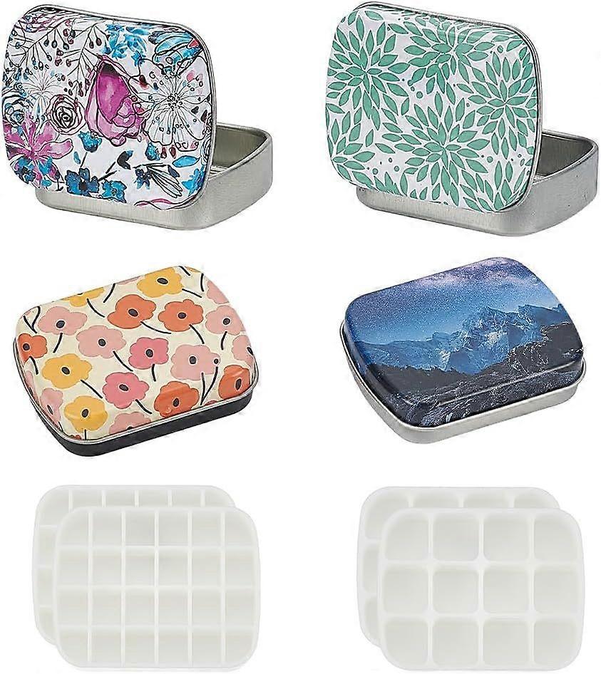 4 Sets Mini Empty Watercolor Tin Boxs 4 Styles Frosted Printed Tinplate Trinket Storage Boxes with Hinged Lid with 4 Pcs 2 Styles Plastic Grid Bead Co