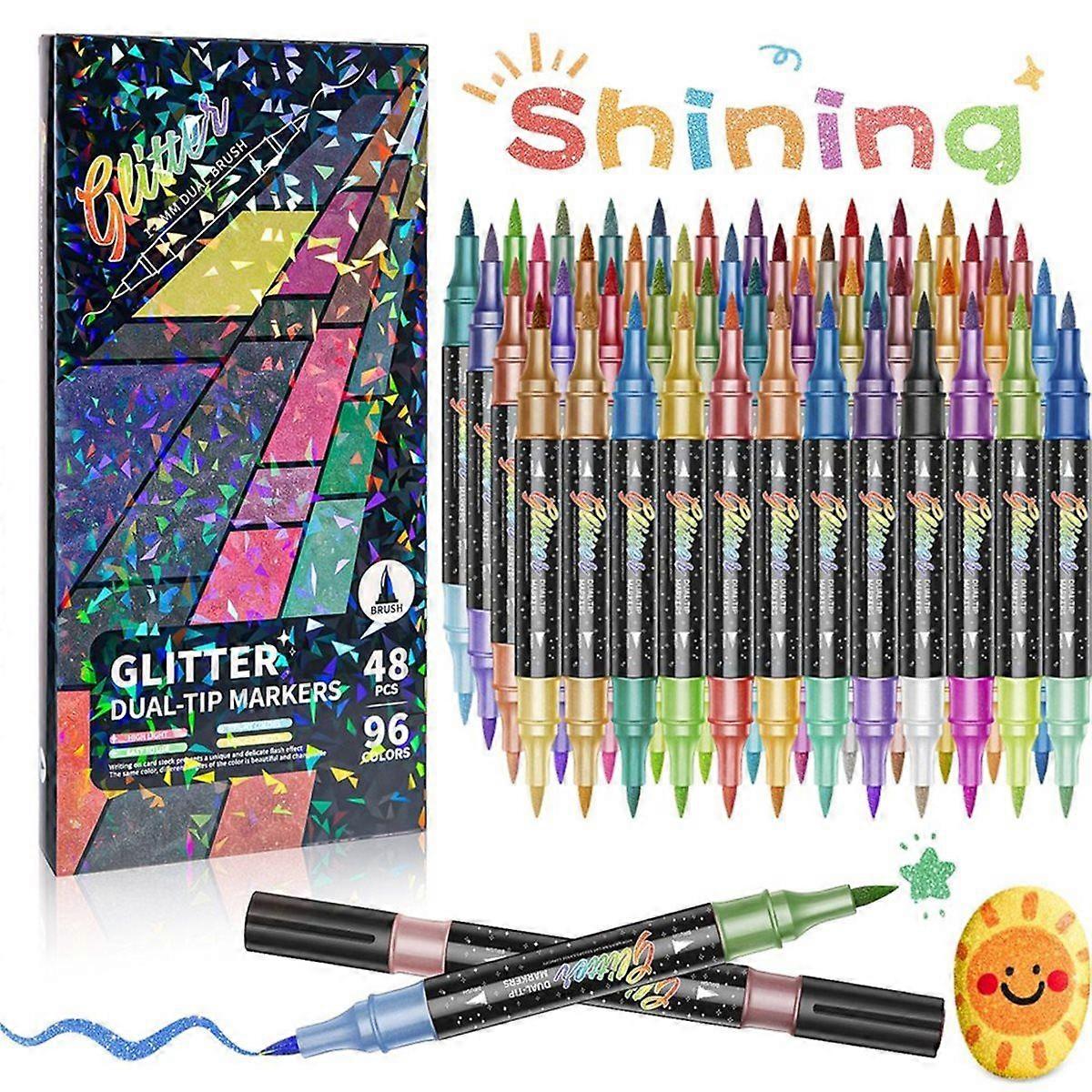 Glitter Effect Brush Markers for Doodle Writing, Dual Tip Dual Color Shimmer Marker 96 Colors
