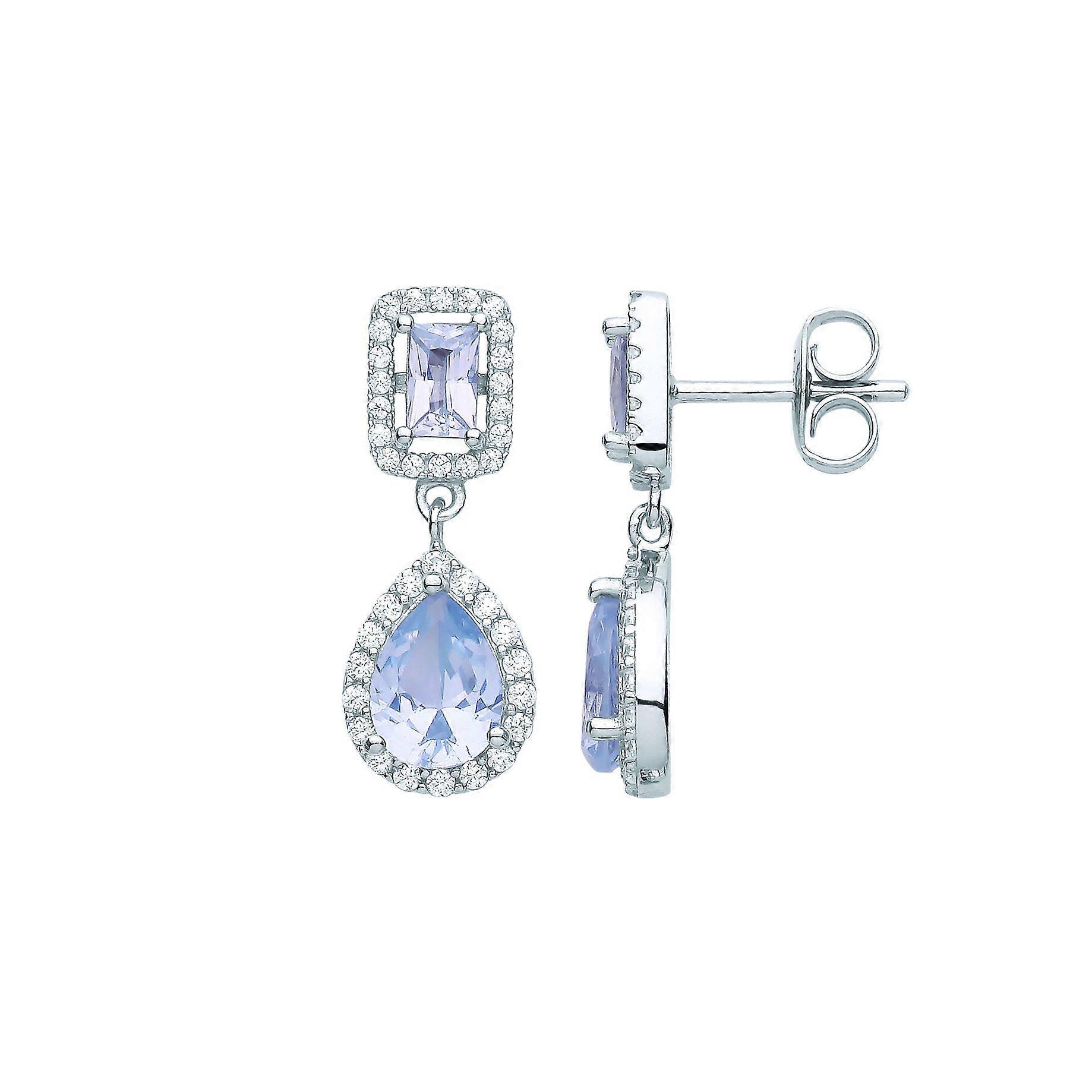 Jewelco London Ladies Rhodium Plated Sterling Silver Lilac Pear Emerald CZ Raindrop Double Halo Drop Earrings