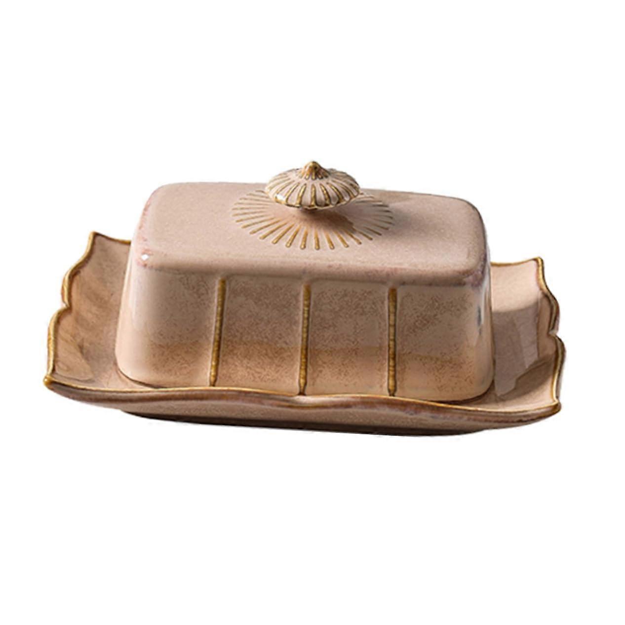 Ceramic Butter Dish with Lid Khaki FreshKeeping Microwave Safe for Kitchen and Dining Table