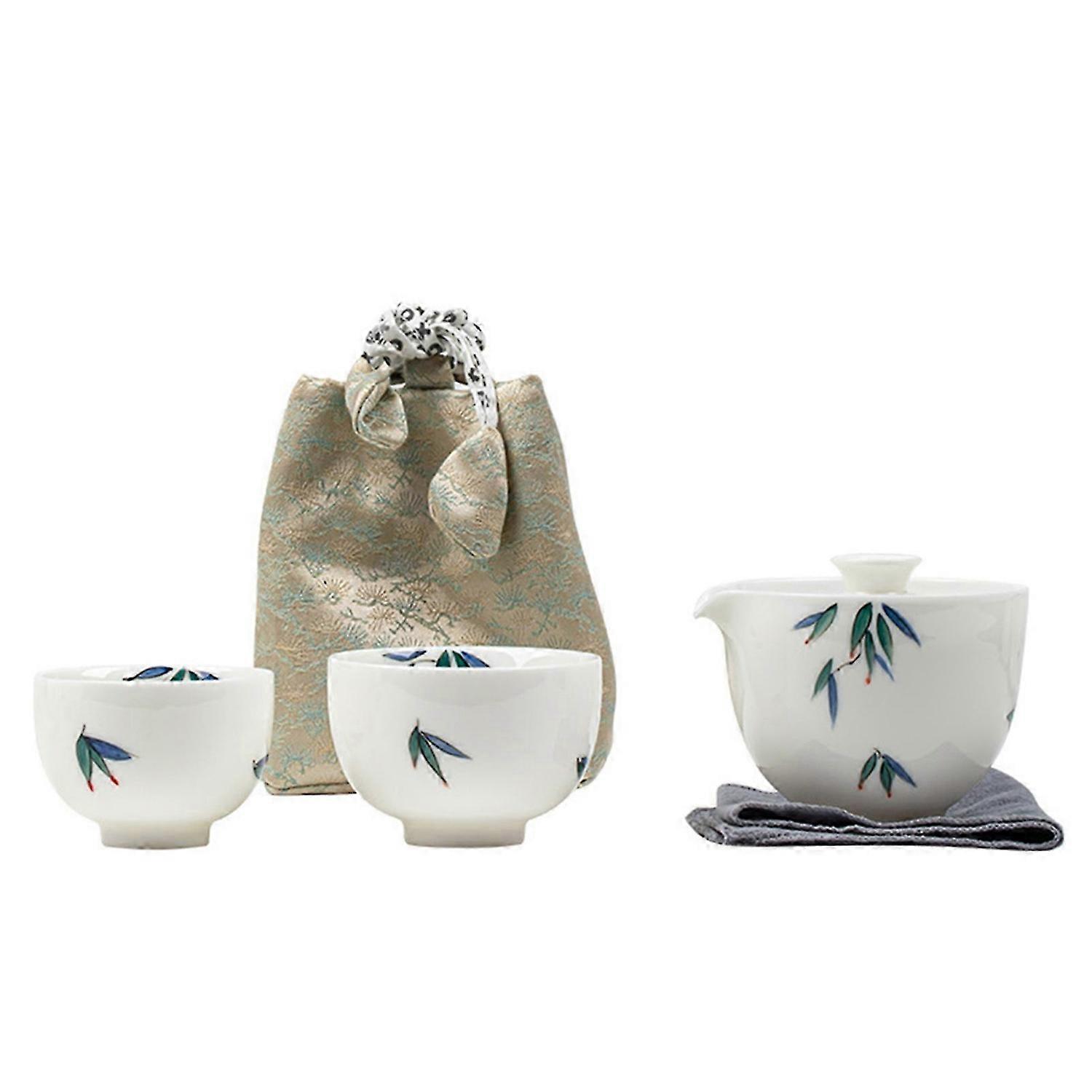 Ceramic Pot with 2 Cups Hand Drawn Bamboo-Pattern Teacup Set Gifting for Tea Lovers