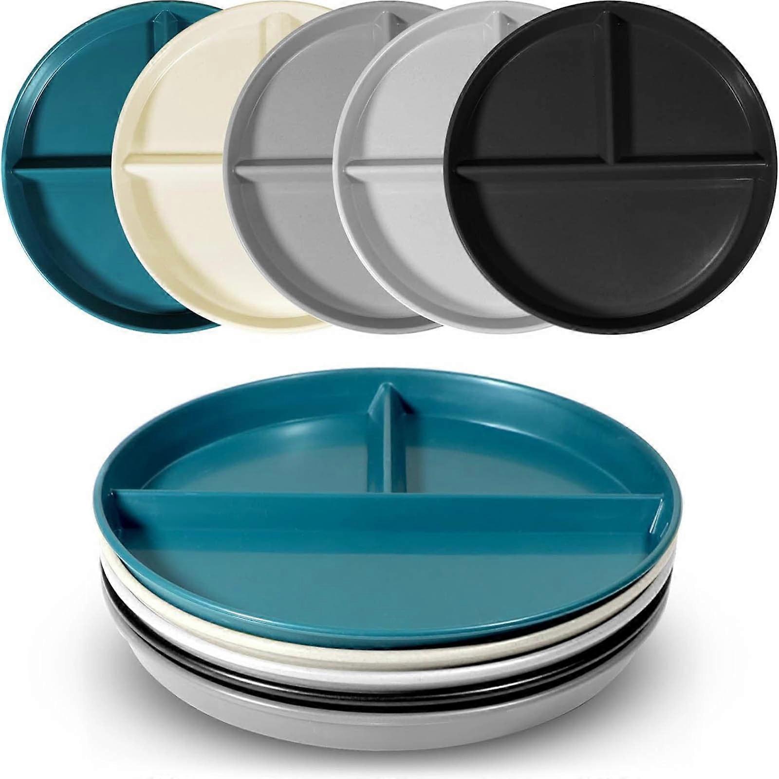 Round Divided Dinner Plates 5 Pc Plates Set Buffet Plates Three-Cell Grid Multicolor Stackable Plates