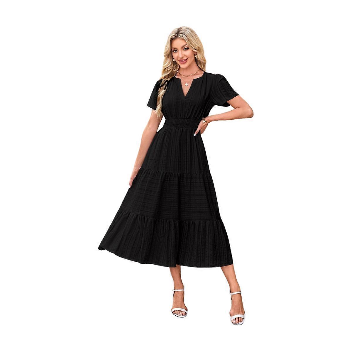 midi dress with sleeves casual Ivory Cotton Cap Sleeve - Dresses more comfortable to wear Casual Black Dotted Tiered Midi