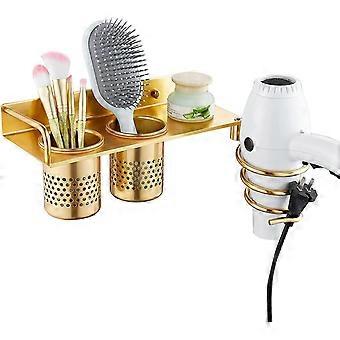 Hair Dryer Holder, Bathroom Straightener Holder, Wall Mounted Hair Dryer Holder with Cable Organizer, Aluminum Hair Dryer Holder for Bathroom Gold