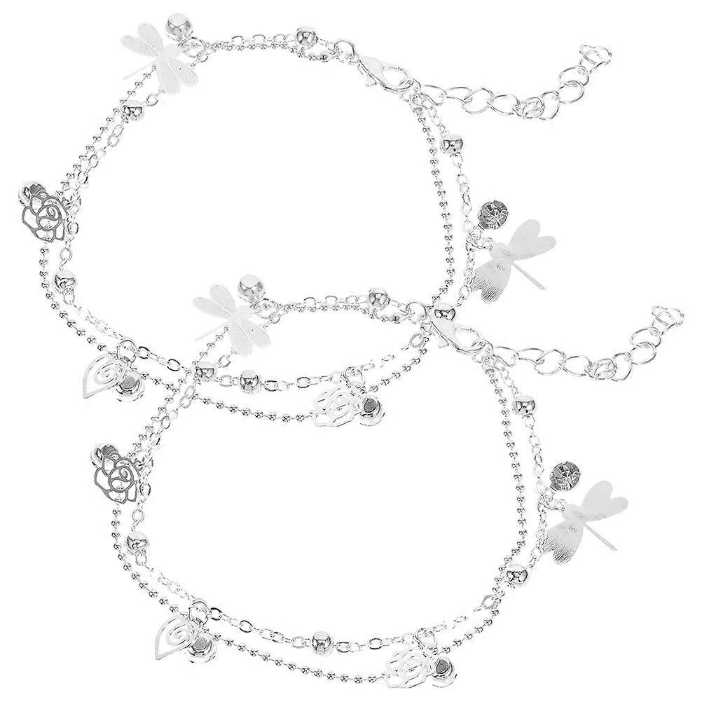 Silver Anklet Bracelets for Women Double Layer Design with 2Pcs Adjustable Anklets