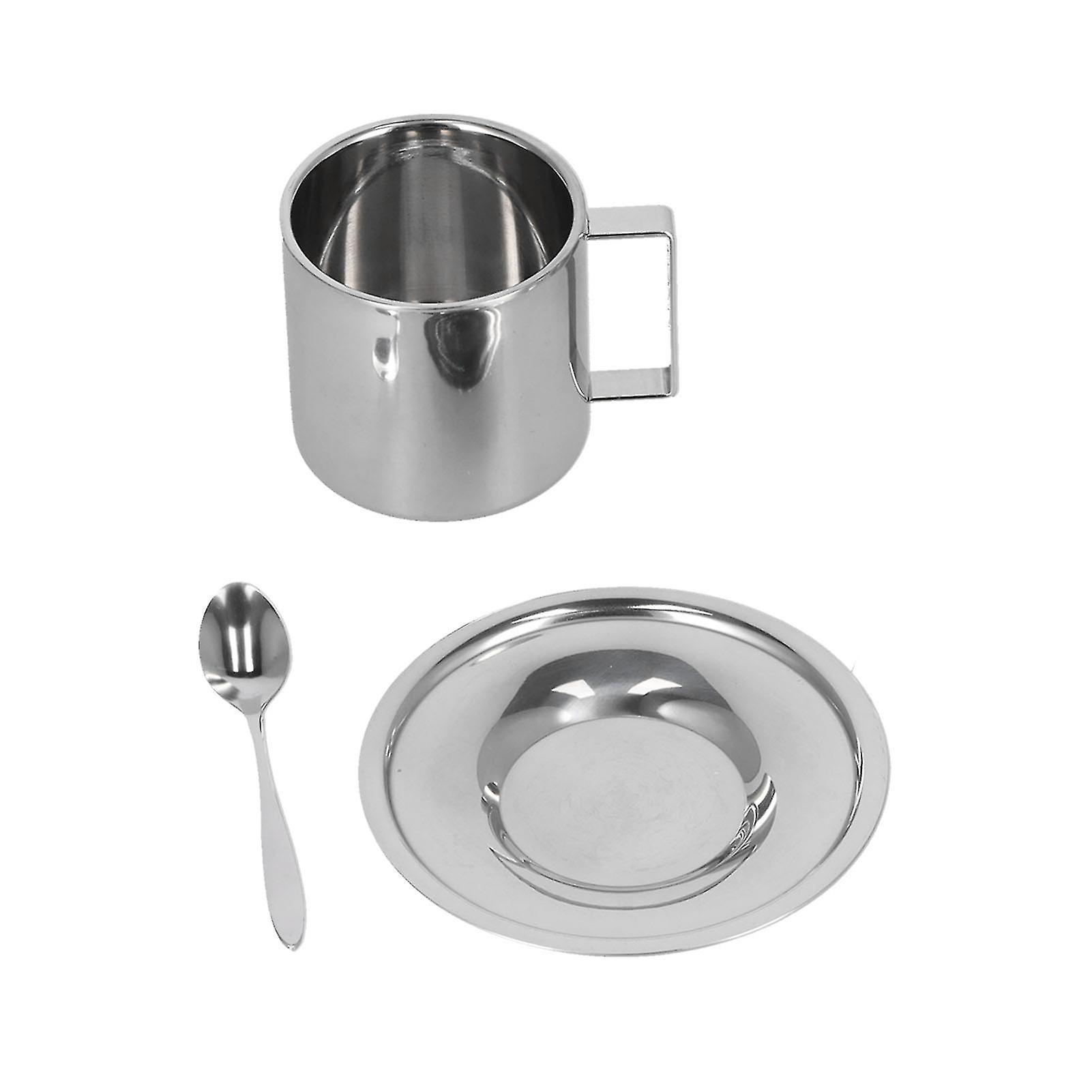 Set of 3 Double Wall Stainless Steel Insulated Coffee Mugs Milk Tea Cups with Saucer and Spoon (280ml)