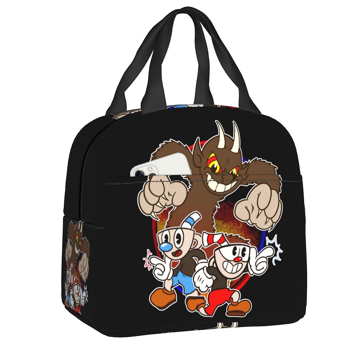 حقيبة غداء Cuphead Mugman الساخنة للنساء المحمولة برودة الغذاء الحراري المعزول صندوق الغداء العمل المدرسي السفر نزهة حمل حقائب