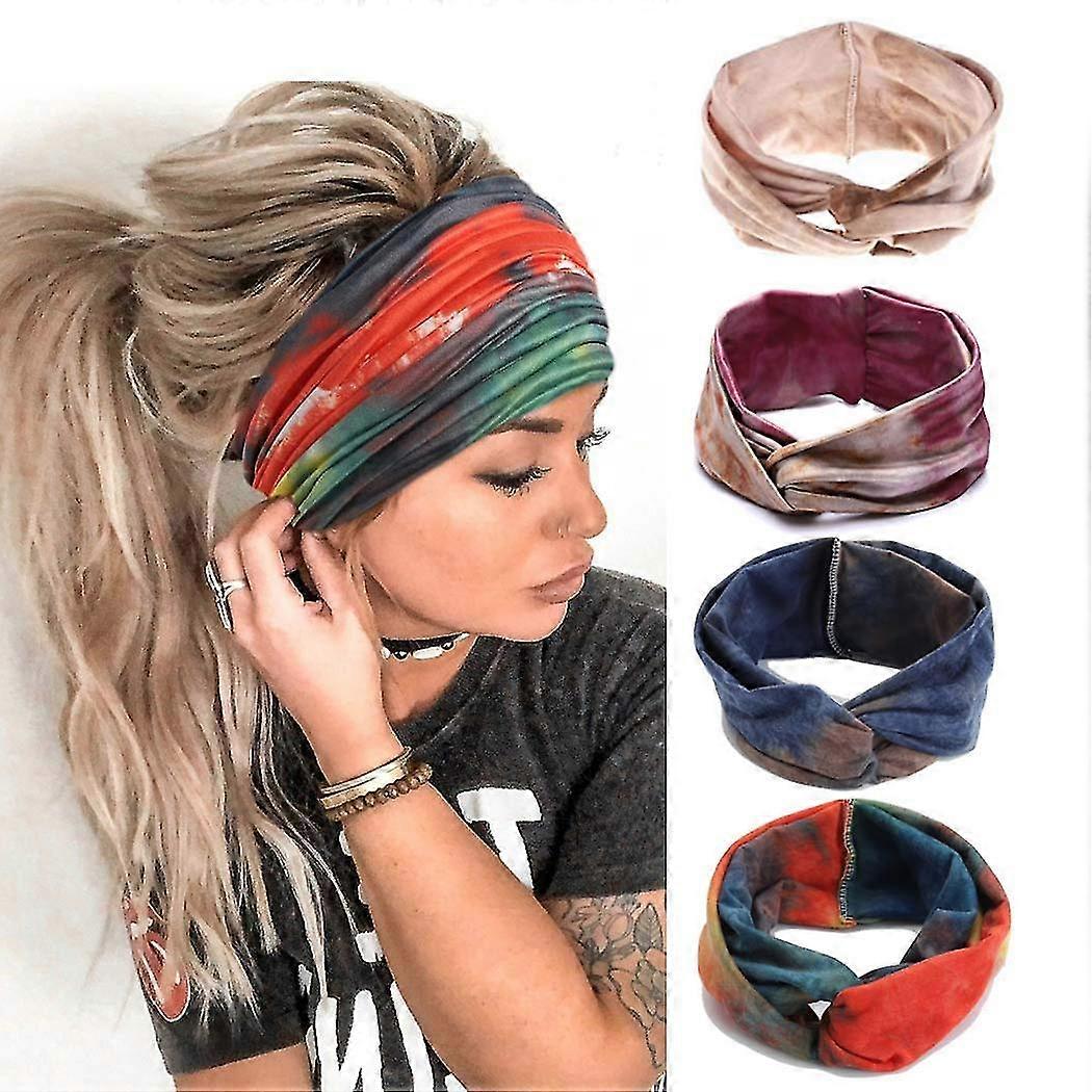 Headband Crossover Headband Stretch Yoga Sweatband Hijab Tie Dye Wide Head Wrap Twist Headband Ladies and Girls 4 Pieces
