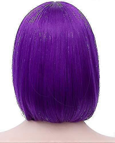 purple short straight hair bangs wig
