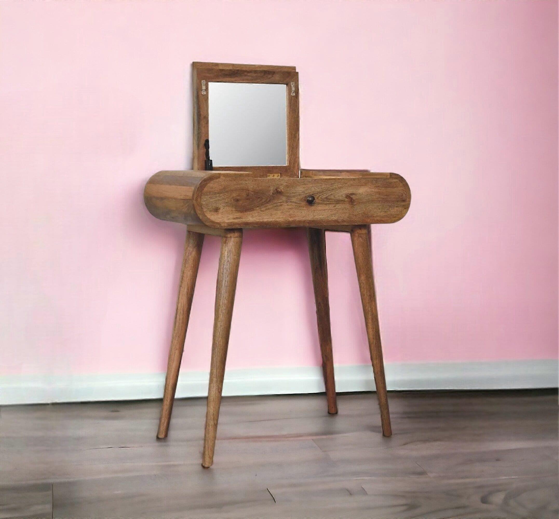 Rounded Vanity Table With Mirror In Oak