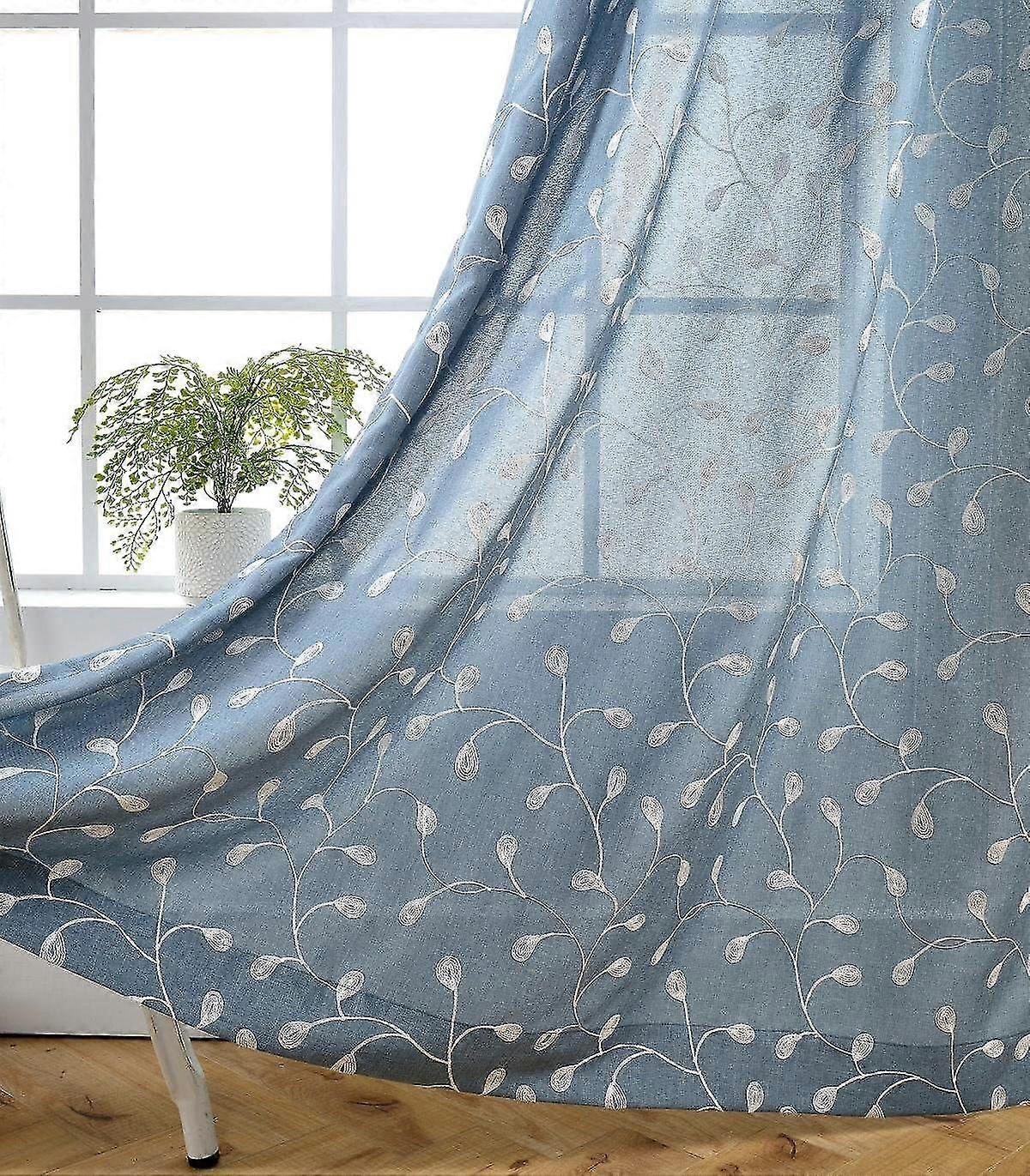 Floral Embroidered Semi Sheer Curtains Faux Linen Grommet Curtain Set For Bedroom 52 X 95 Inch, Dusty Blue