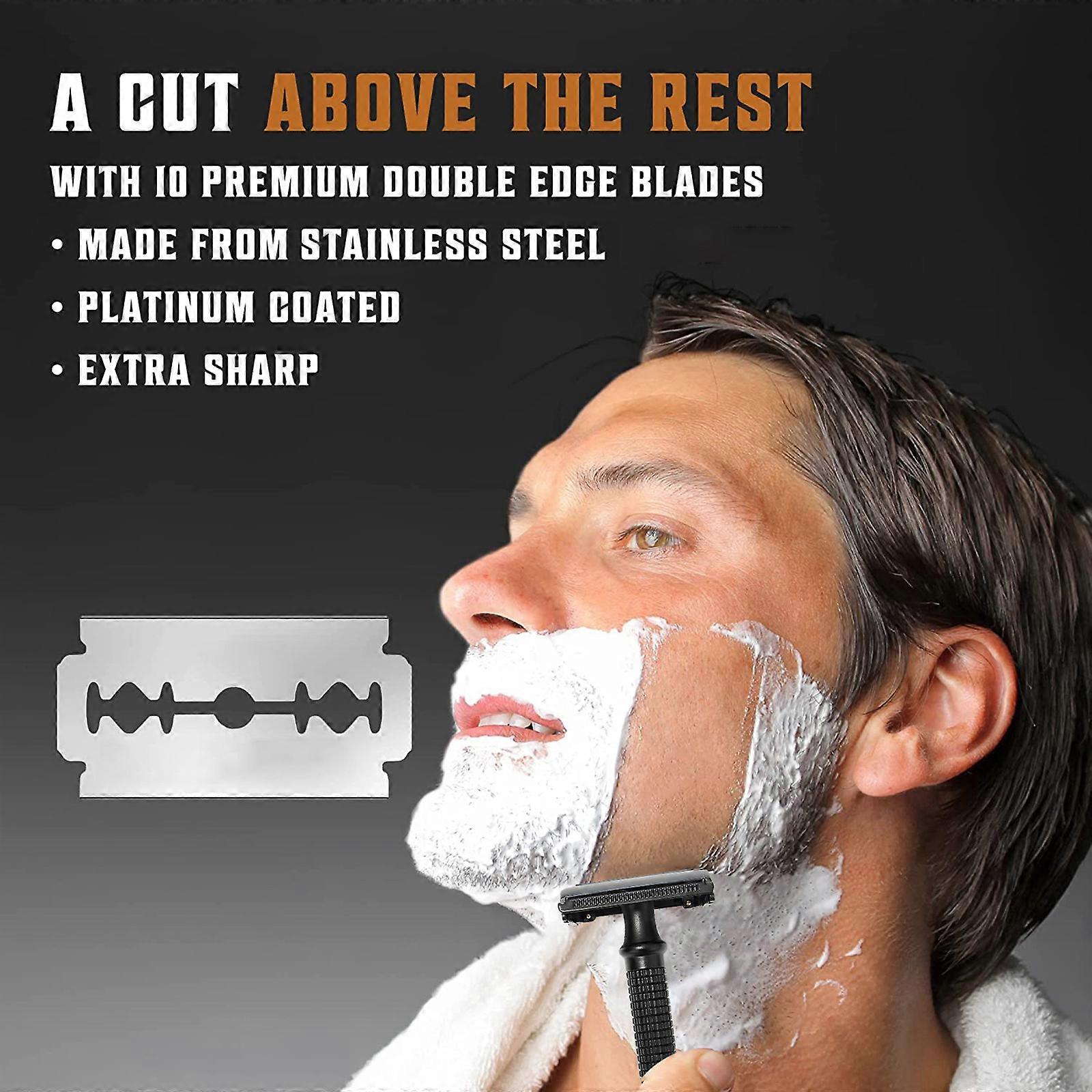 Men's manual razor old-fashioned razor double-sided blade shaving knife hand-held razor brass handle zinc alloy blade head with 10 blades/cleaning bru