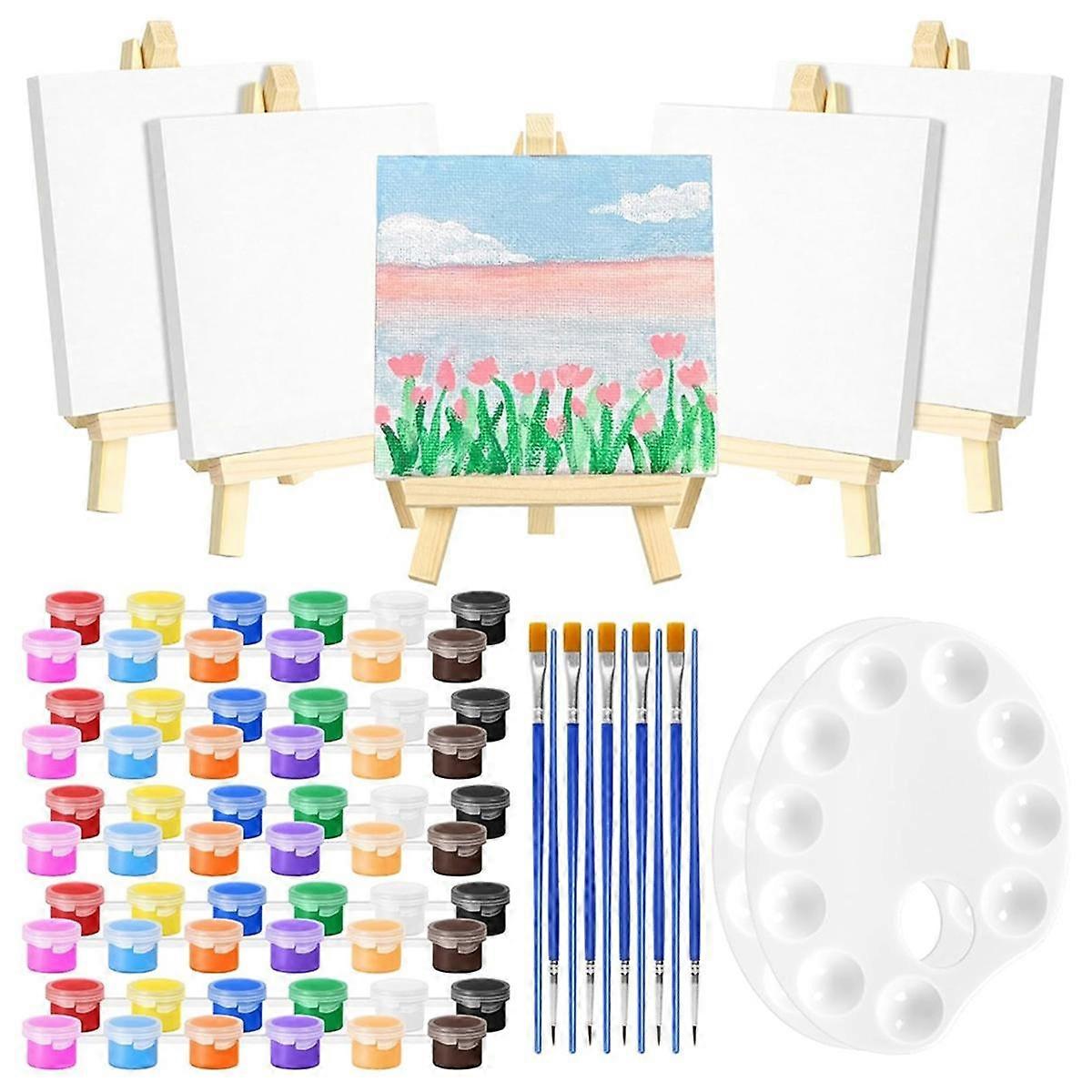 Mini Canvas and Easels with Color Palette and Paint Brushes,82 PCS Paint Set Includes 4x4Inch Small Tiny Painting Canvas