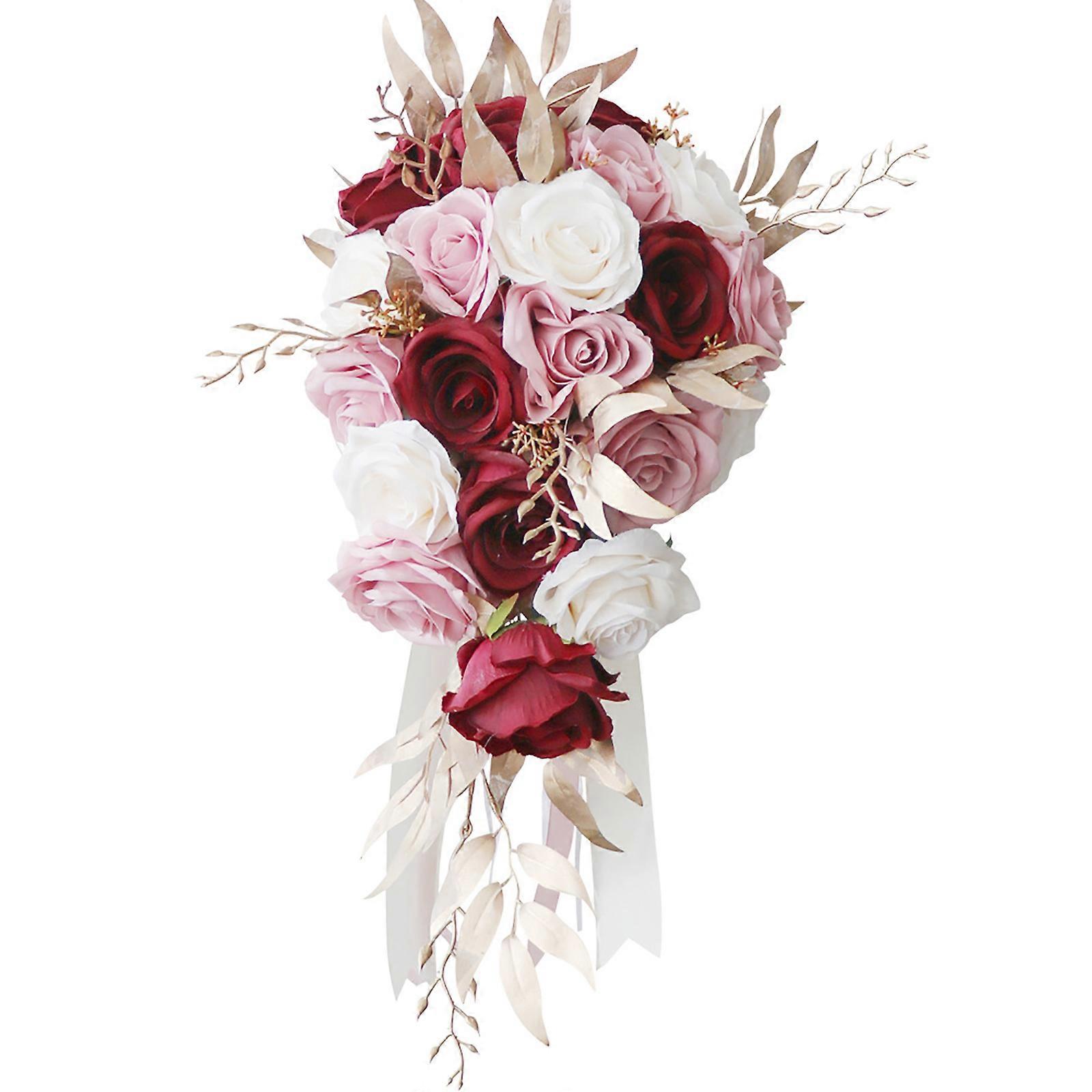 Bouquet De Mariée Cascade Blanc Et Bordeaux Ciandid - Fleurs En Soie, Ruban, Idéal Pour Mariage Ou Anniversaire
