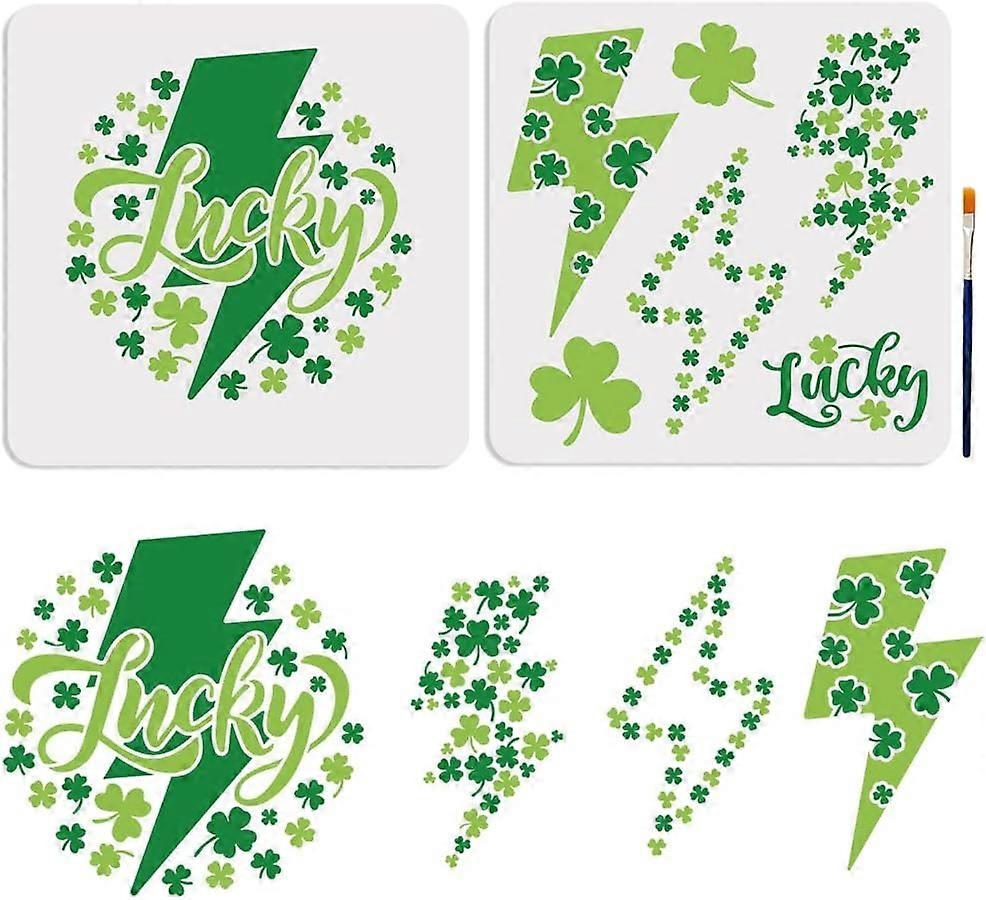 2pcs Lightning Lucky Clover Stencils 11.811.8inch Large Reusable Lucky Shamrock Clover Drawing Templates with Paint Brush for St. Patrick's Day Decor