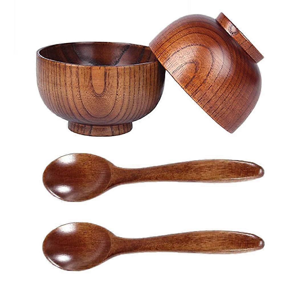 Wood Spoons Bowl Set,Wooden Handmade Flatware Tableware Cutlery Soup Rice Bowls Serving Tableware f