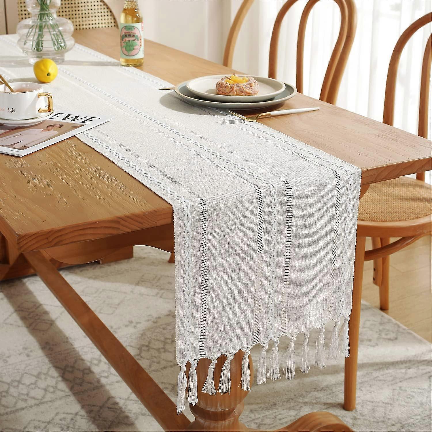 Fall Farmhouse Braided Linen Table Runner, Boho Jacquard Stripe Rustic Table Runners 72" Long for Holiday Party Decoration