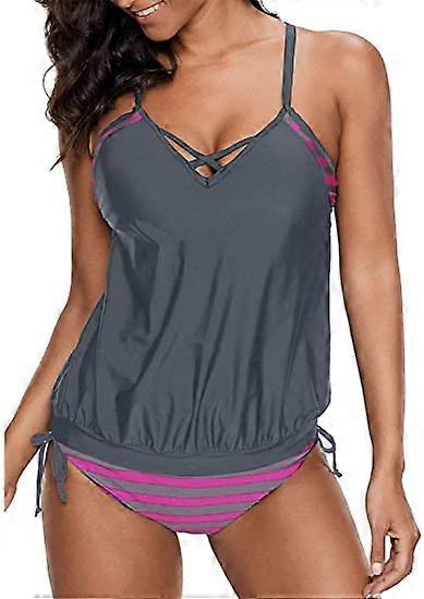 Waist Print Belted Cross Back Tankini Top with Bikini Bottom Swimsuit