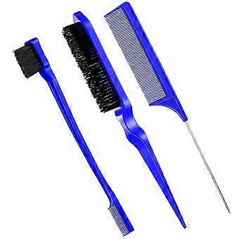 3 Pcs Slick Brush Set Bristle Hair Brush Teasing Comb Edge Hair Brush Grooming Combs Sturdy Rat Tail Comb (blue)