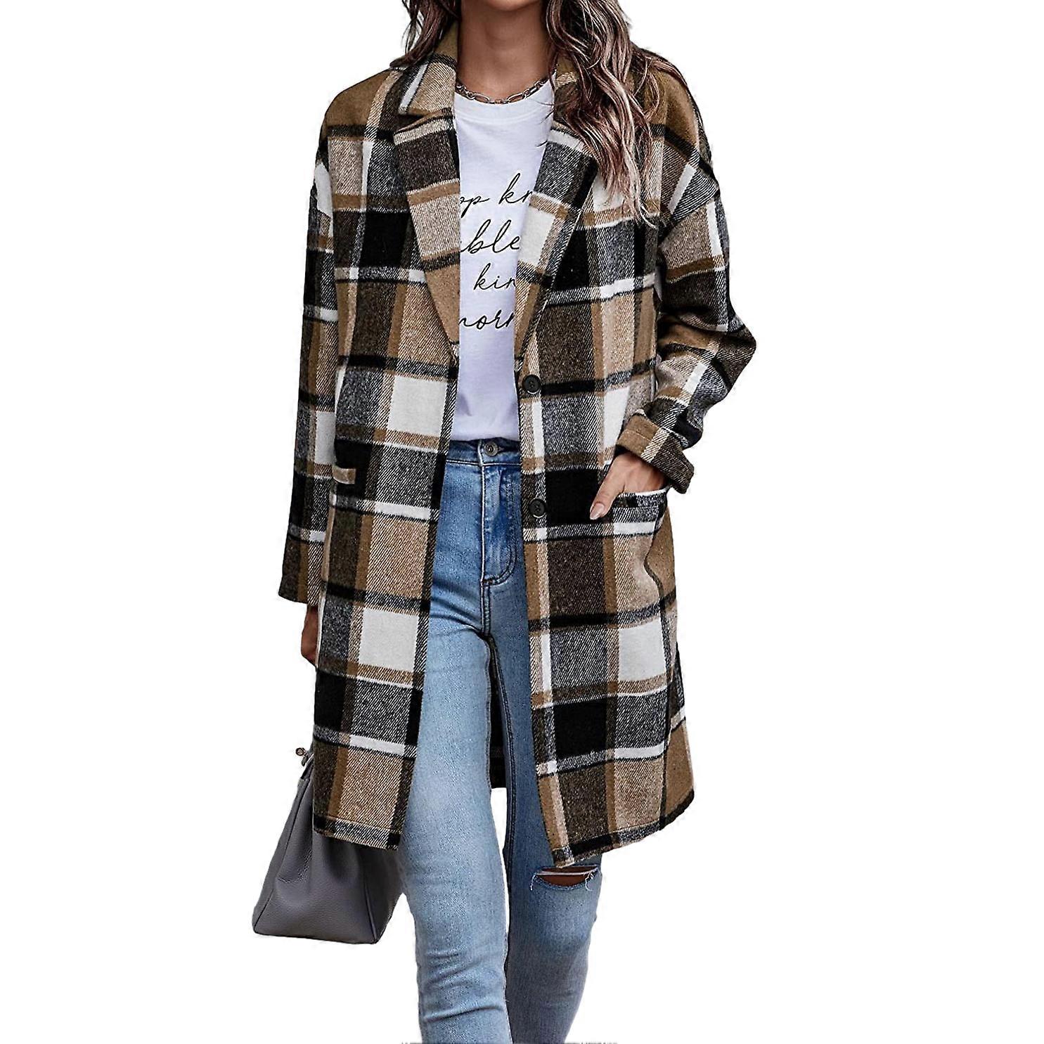 Women Plaid Jacket Mid Length Trench Coat Fall Wool Pea Coat
