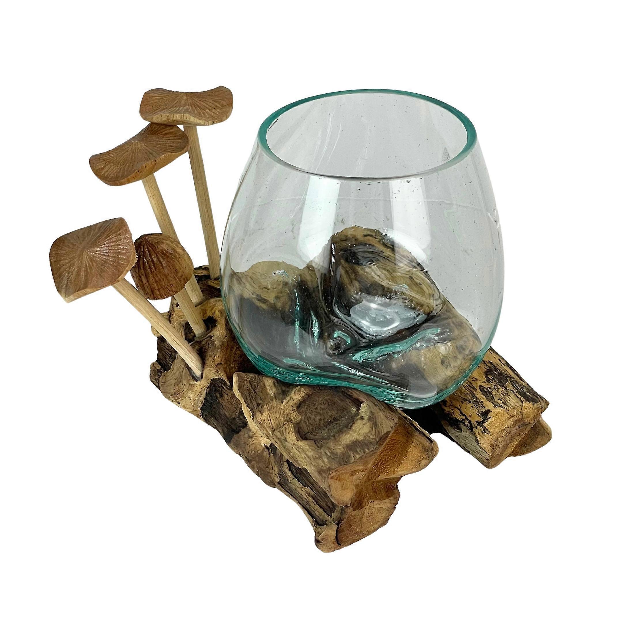 Handcrafted Glass Vase with Teak Driftwood Base and Wood Mushroom Embellishments, Unique Sculptural Decorative Accent for Succulents, Terrariums, and Home Decor