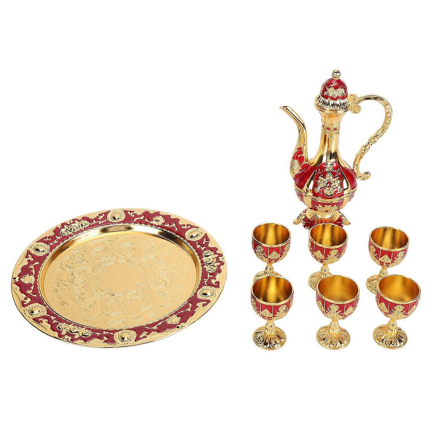 Vintage Wine Pot Set European Retro Coffee Pot Tray Kit Exquisite Carving Zinc Alloy Wine Cups for W
