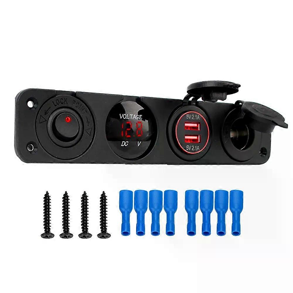 4 in 1 Switch Panel Charger with Dual USB Port Cigarette Lighter with Digital Switch for Car Motorcycle Boat Dust Proof