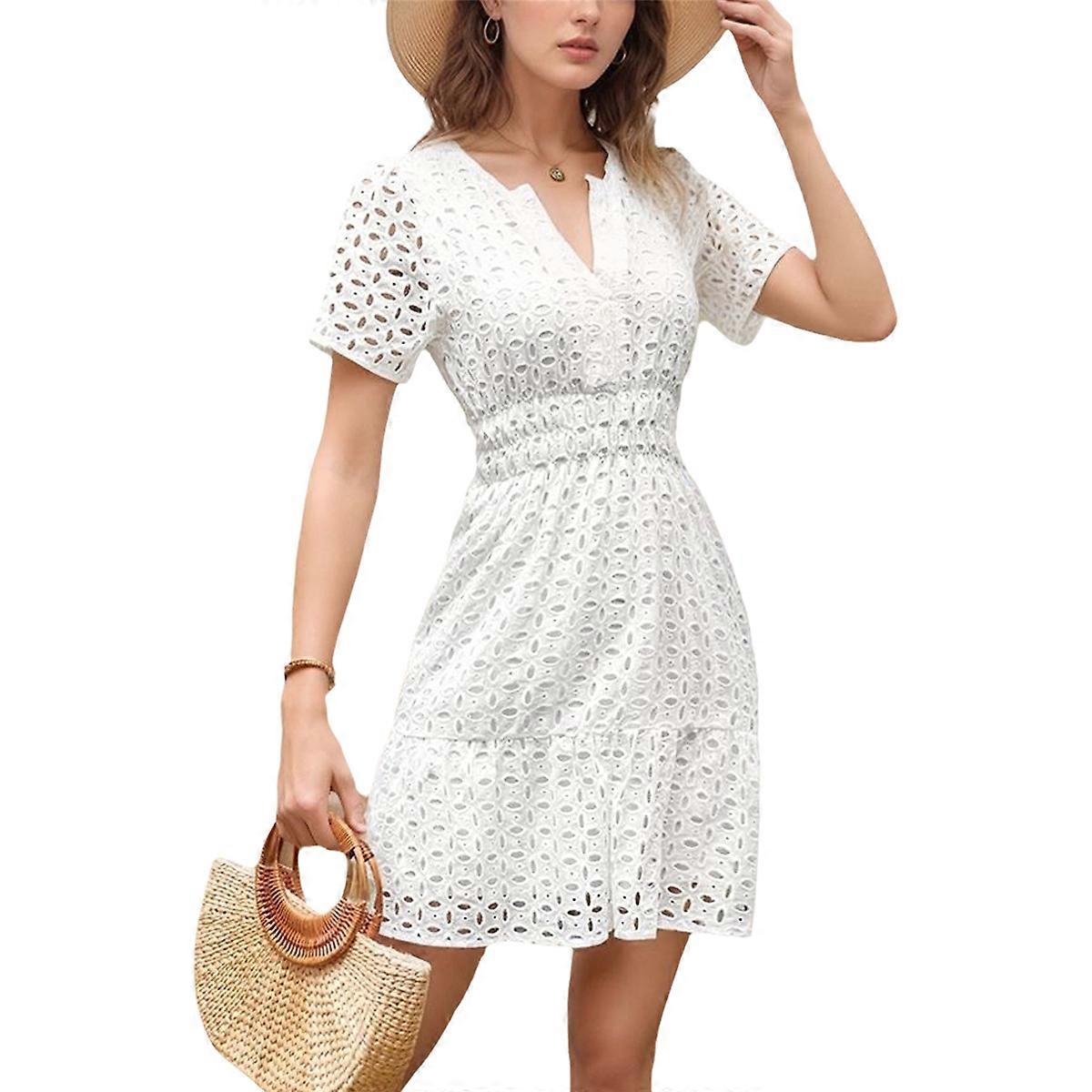 V Neck Eyelet High Waist A-Line Skirt White XL
