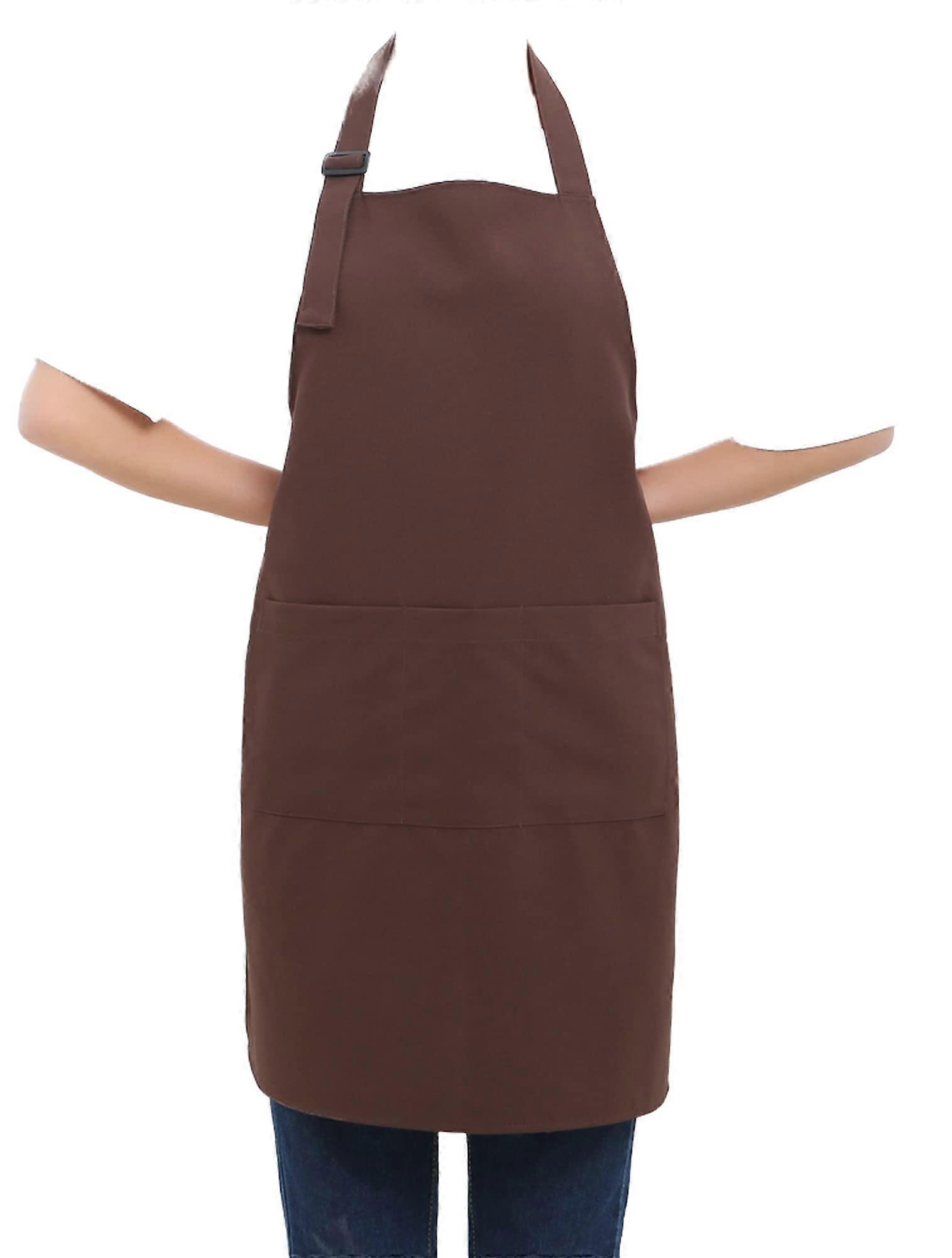 Brown Professional Water-Resistant Adjustable Extra Long Bib Apron Set of 5 with 3 Pockets for Cooking, Baking, and Crafting