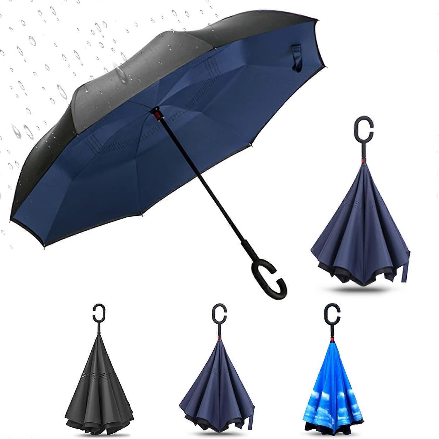 C-Shaped Handle Inverted Umbrella 47 Inch Windproof Waterproof for Men and Women, Reverse Design, Large Size
