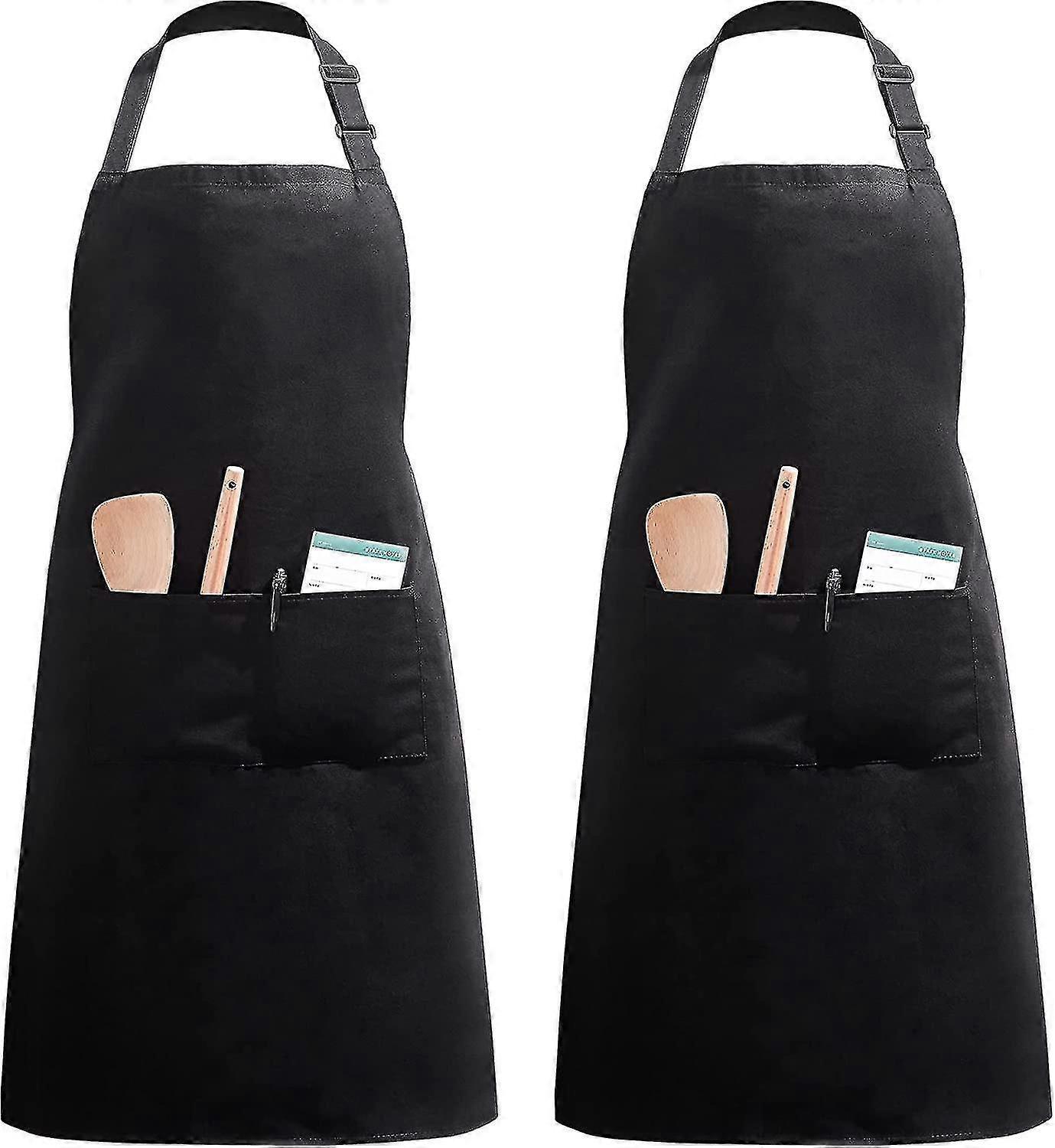 2pcs Adjustable Apron With 2 Pockets,cooking Apron,kitchen Apron,restaurant Apron,cafe Apron (black Polyester)