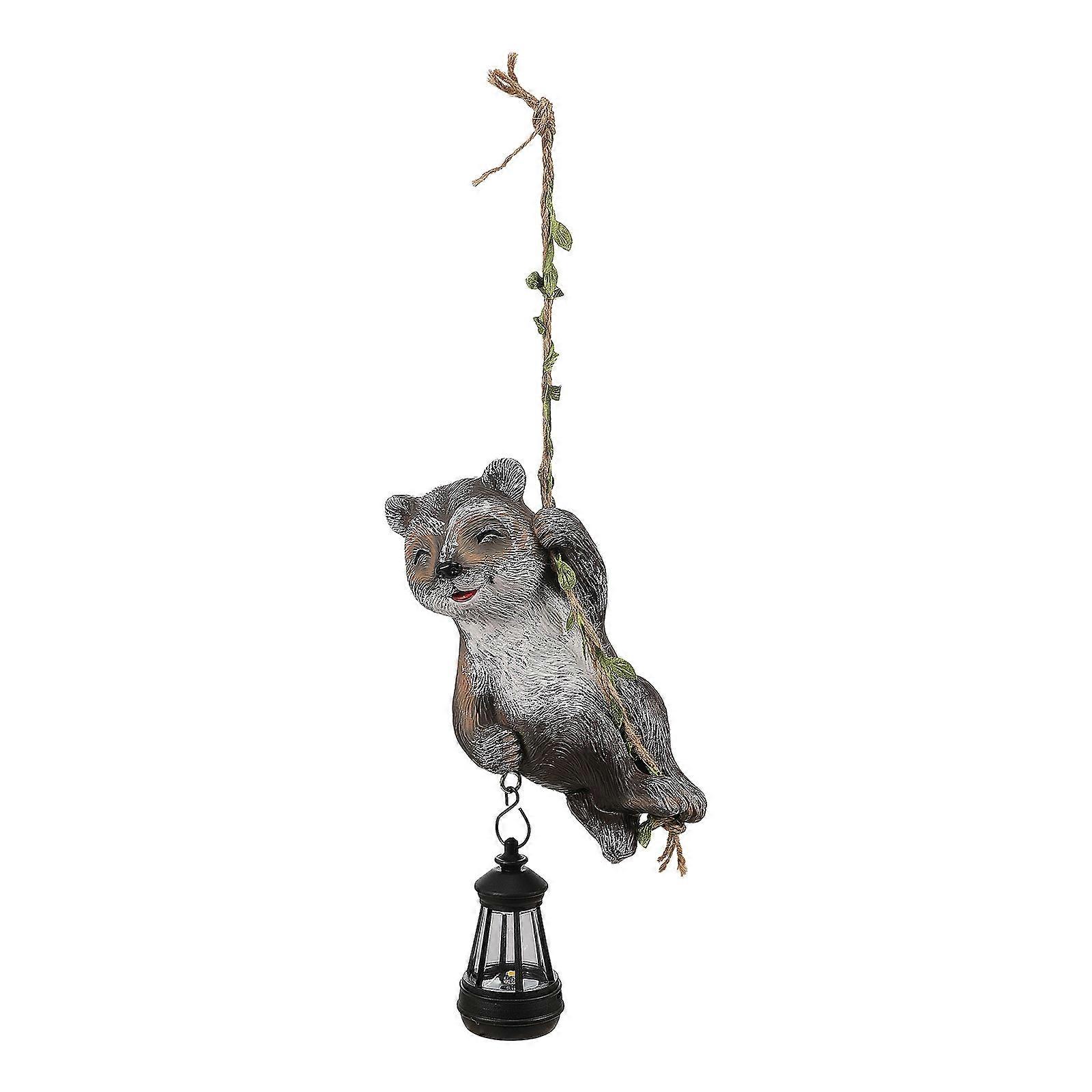 Outdoor Hanging Raccoons Statue with Solar LED Lamp for Garden and Yard Decoration Resin Waterproof Animal Ornament