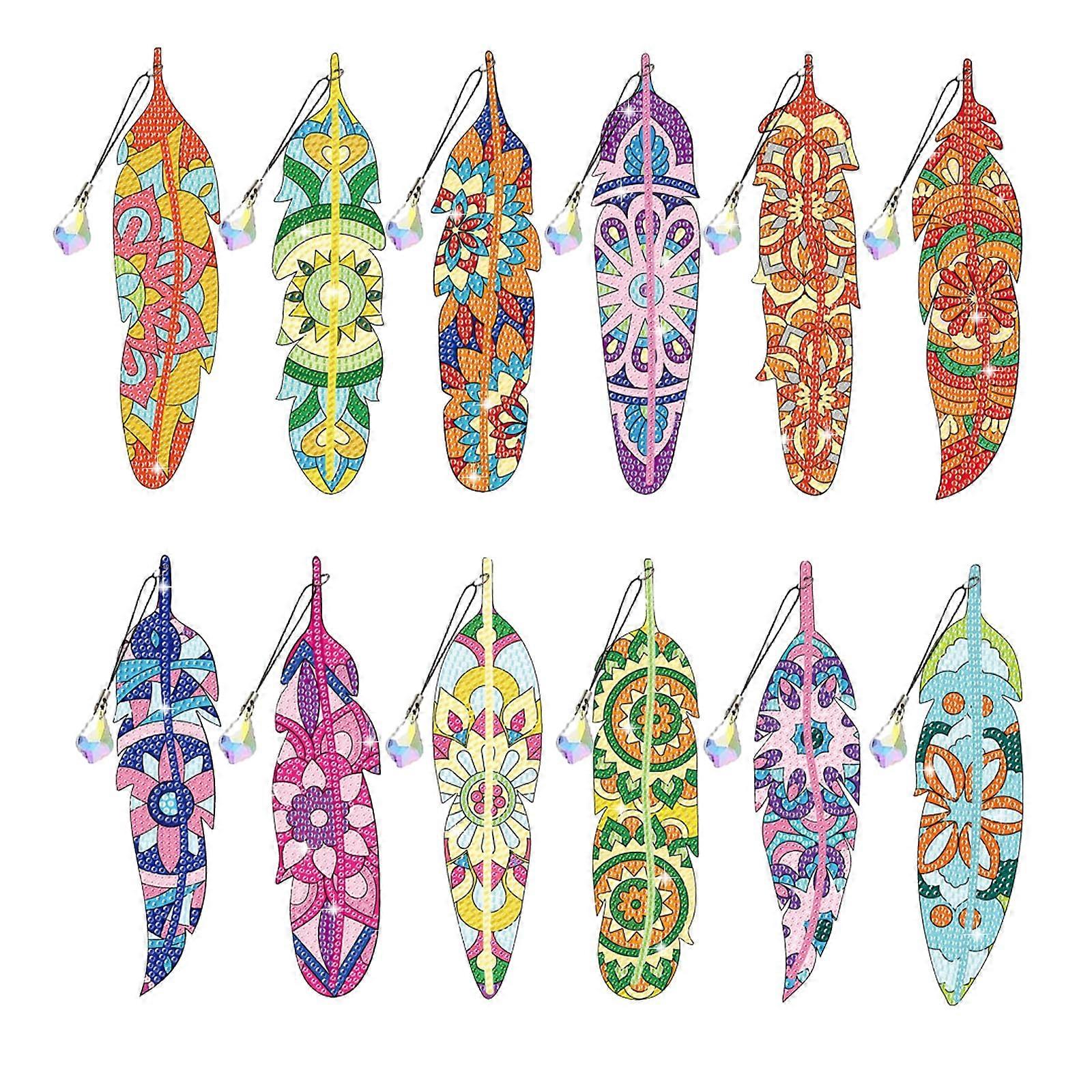 12pcs Colorful Feather Diamond DIY Painting Bookmarks DIY Rhinestones Bookmark with Crystal Pendant for Beginner Crafts