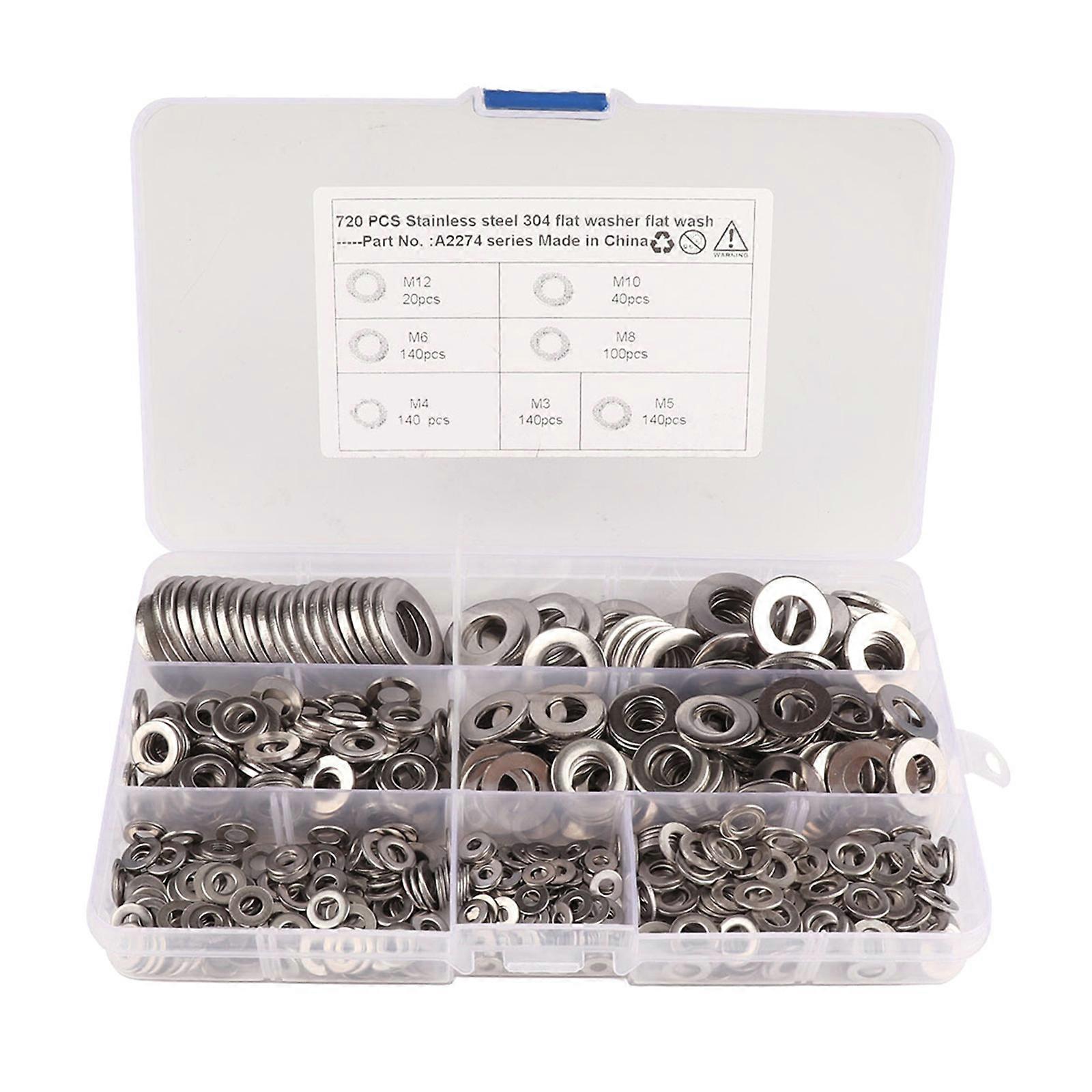 Assorted Flat Washers Set 720 Pieces 7 Sizes 3/4/5/6/8/10/12 Stainless Steel Washers Hardware Assortment